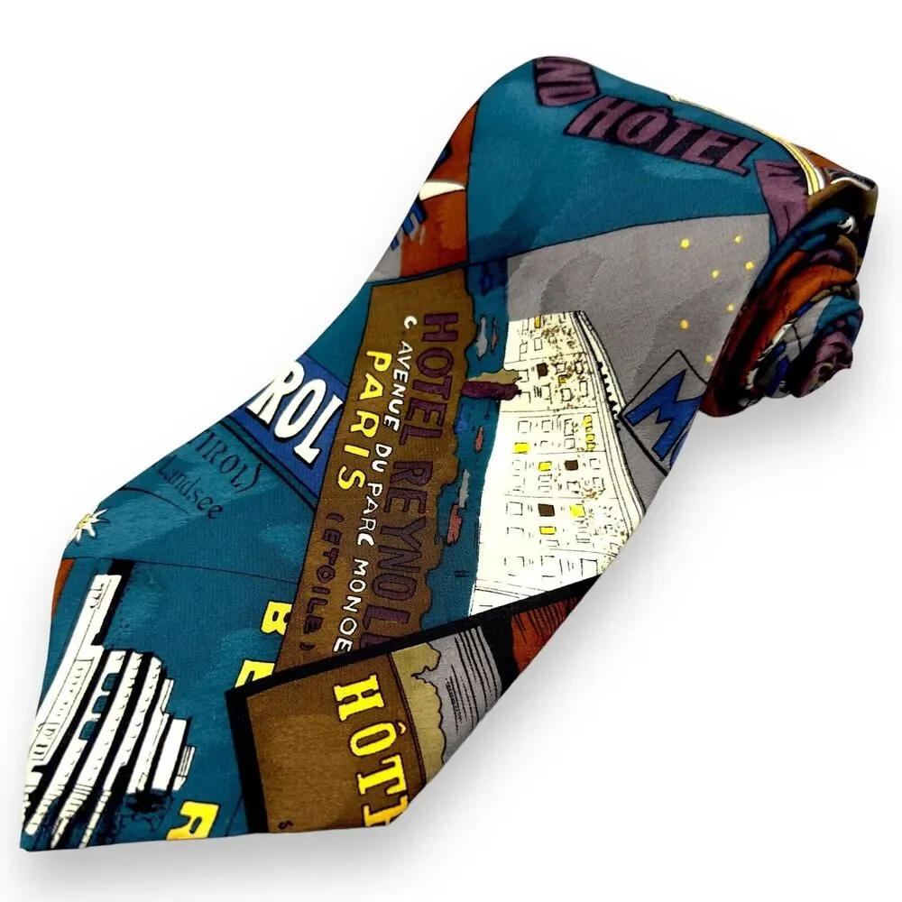 X'Andrini Mens‎ Silk Dress Tie Made in Italy Scenic Travel Pattern 60 3.75